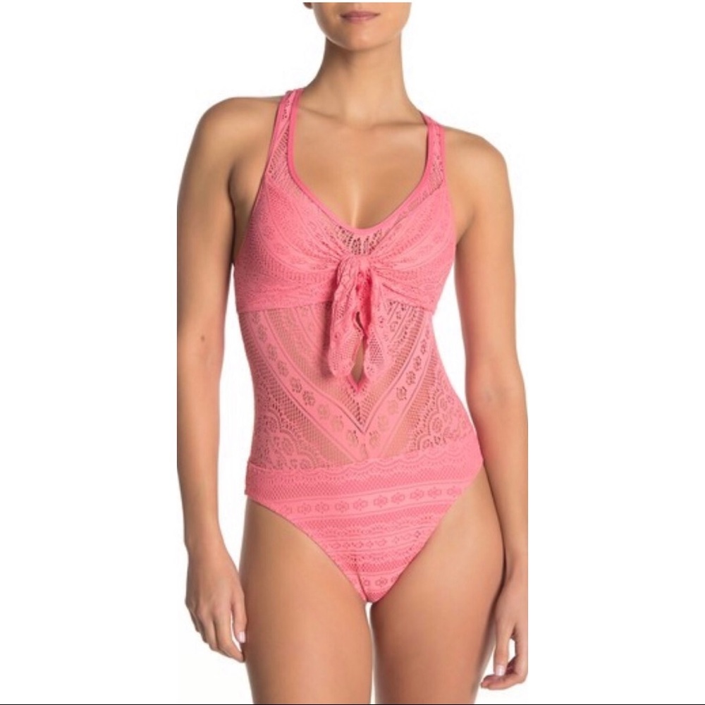 Becca color play tie front pink swimsuit